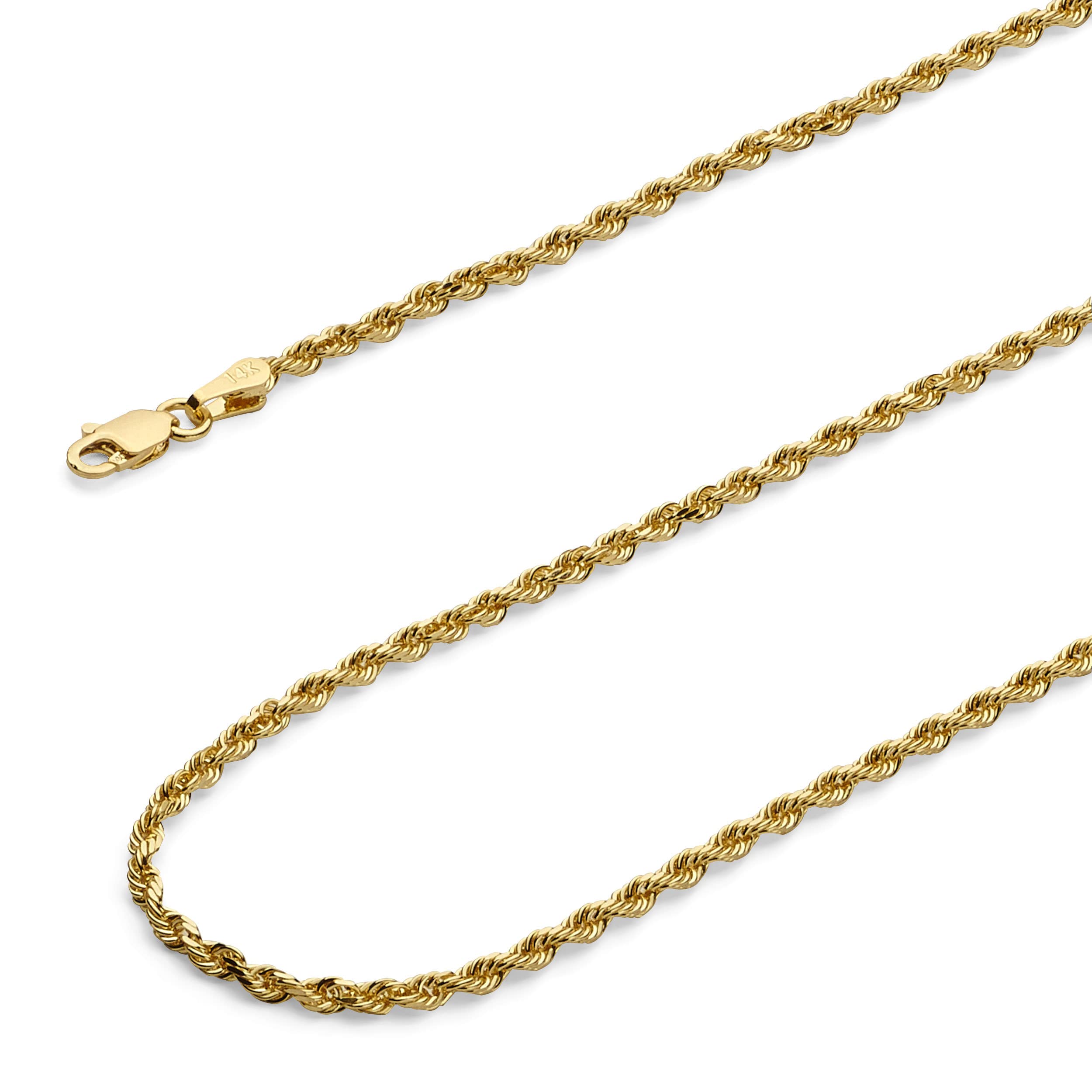 Wellingsale 14k Yellow Gold Solid 3mm Diamond Cut Solid Rope Chain Necklace with Lobster Claw Clasp