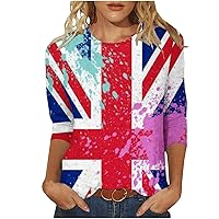 Women Round Neck 3/4 Sleeve Shirts UK United Kingdom British Flag Print Tee Tops Vintage Tie Dye Workout Blouses