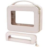 Clear Makeup Bag with Small Make Up Brush Bag, Waterproof Cosmetic Bags Organizer for Women,Portable Travel Toiletry Bag with Clear Windows and Gold Zippers(Shell White)