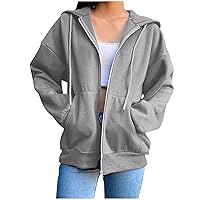 Womens Zip Up Hoodie Cute Oversize Plain Hoodies Y2k Streetwear Baggy Sweatshirt Trendy Jacket Teen Girls Indie Clothes Gray