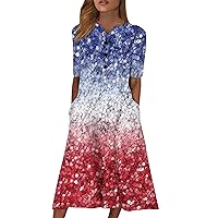 4th of July Outfits for Women Summer Casual Patriotic Printed V-Neck Short-Sleeve Swing Dress