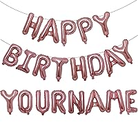 Panthvane Personalized Name Happy Birthday Banner, 16 inch Happy Birthday Balloon with 2 Sets A- Z Balloons Letters, Foil Mylar Happy Birthday Party Decorations for Men, Women, Kids, Rose Gold
