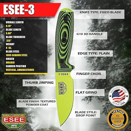 ESEE-3 1095 Carbon Steel, Black Sheath (Venom Green Blade, Neon Green/Black G-10 3D Handle)