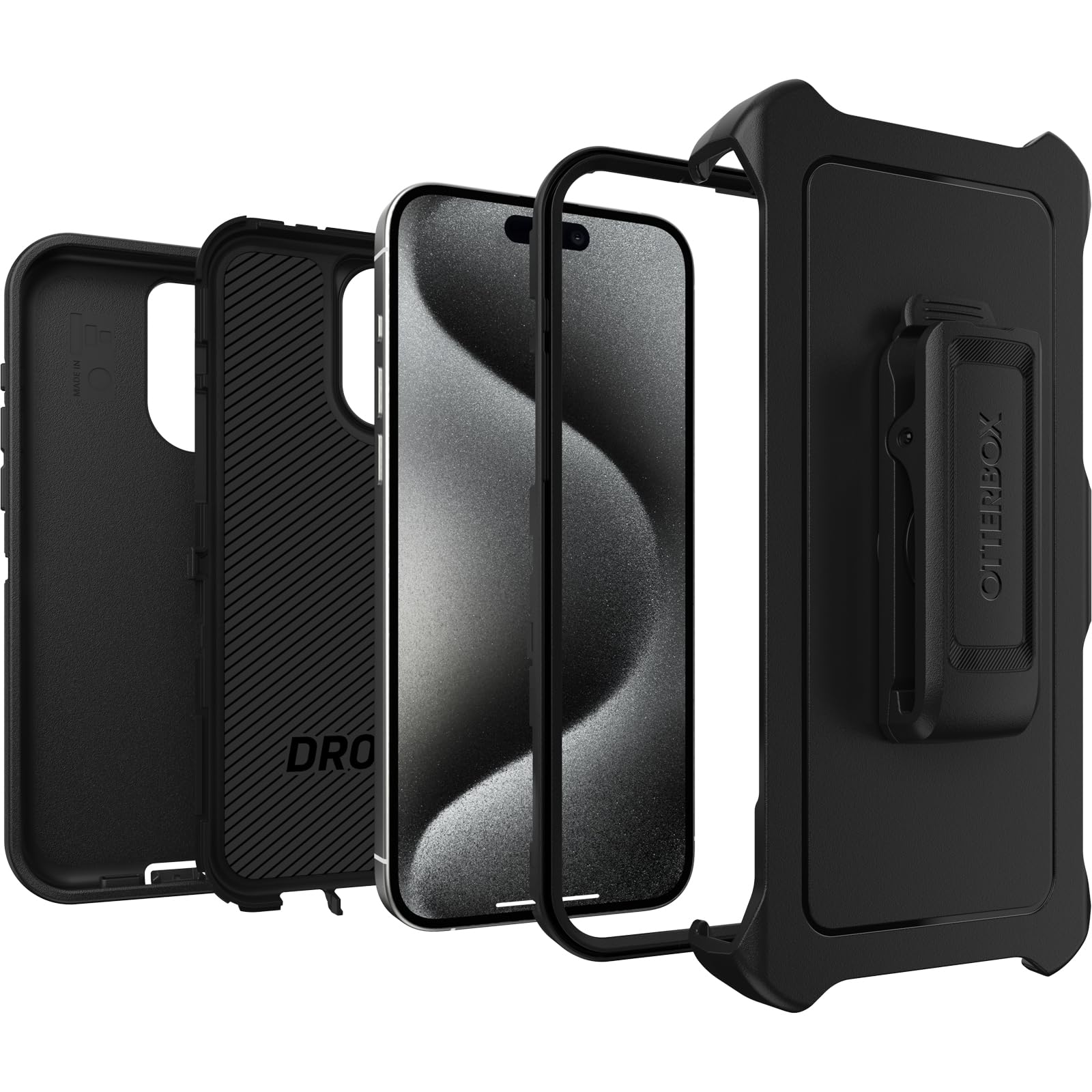 OtterBox iPhone 15 Pro MAX (Only) Defender Series Case - BLACK, screenless, rugged & durable, with port protection, includes holster clip kickstand