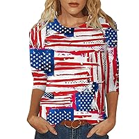 Women Fourth of July Shirt Crew Neck 3/4 Sleeve Summer Tops 2024 American Flag T Shirt Three Quarter Sleeve Blouses