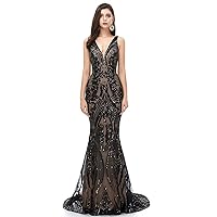 Elinadress Women's Sequins Mermaid Prom Dress Long Sexy V-Neck Formal Evening Dresses