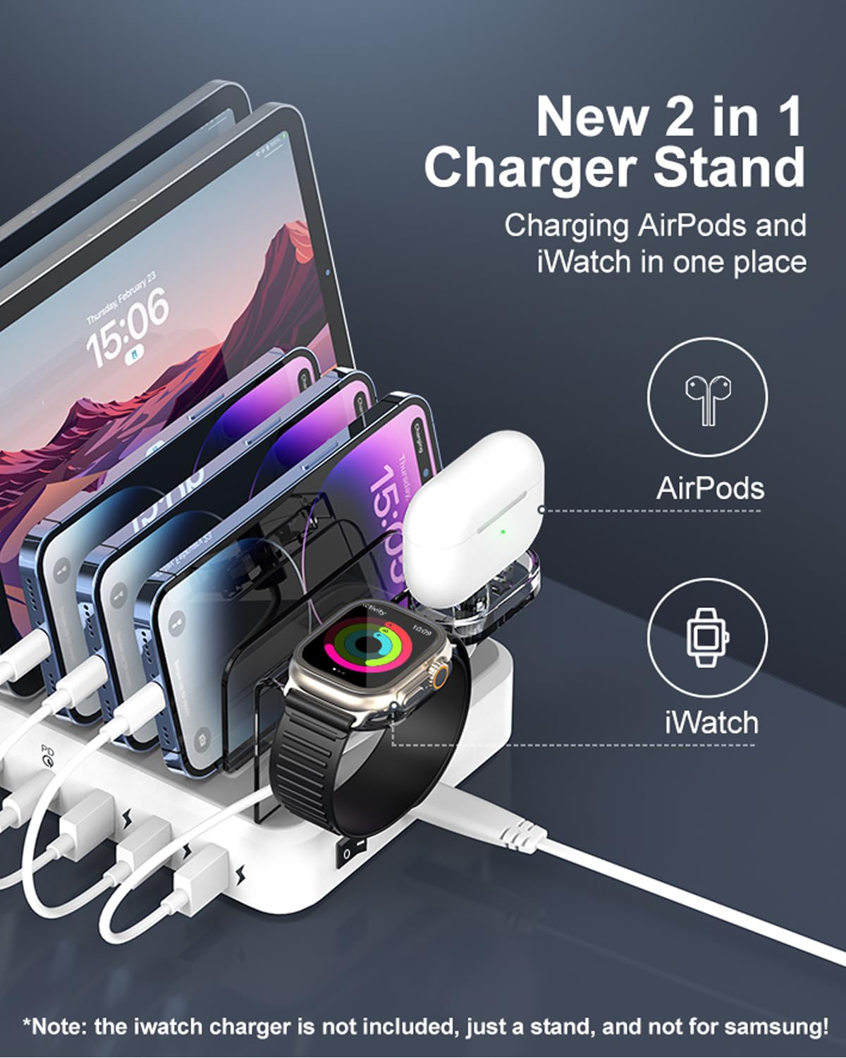 Charging Station for Apple Devices - TYCRALI 81W 6 Port Charger Station with 20W*3 PD USB C Fast Port, 6 Short Cables, Charging Dock for Multiple Devices Designed for iPhone iPad Android