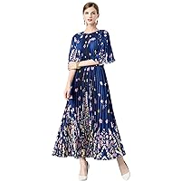 Summer Fall Vintage Floral Print Crew Neck Belt Half Sleeve Women Ladies Casual Party Vacation Midi Long Pleated Dresses