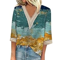 3/4 Sleeves Tops for Women Summer 2023 V Neck Top Casual Tunic Blouse Floral Print Loose Shirt Vintage Graphic Tees