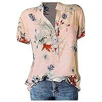 Spring Summer Fashion Floral Print Shirt for Women Oversize Soft V Neck Button Short Sleeve Blouse with Pocket