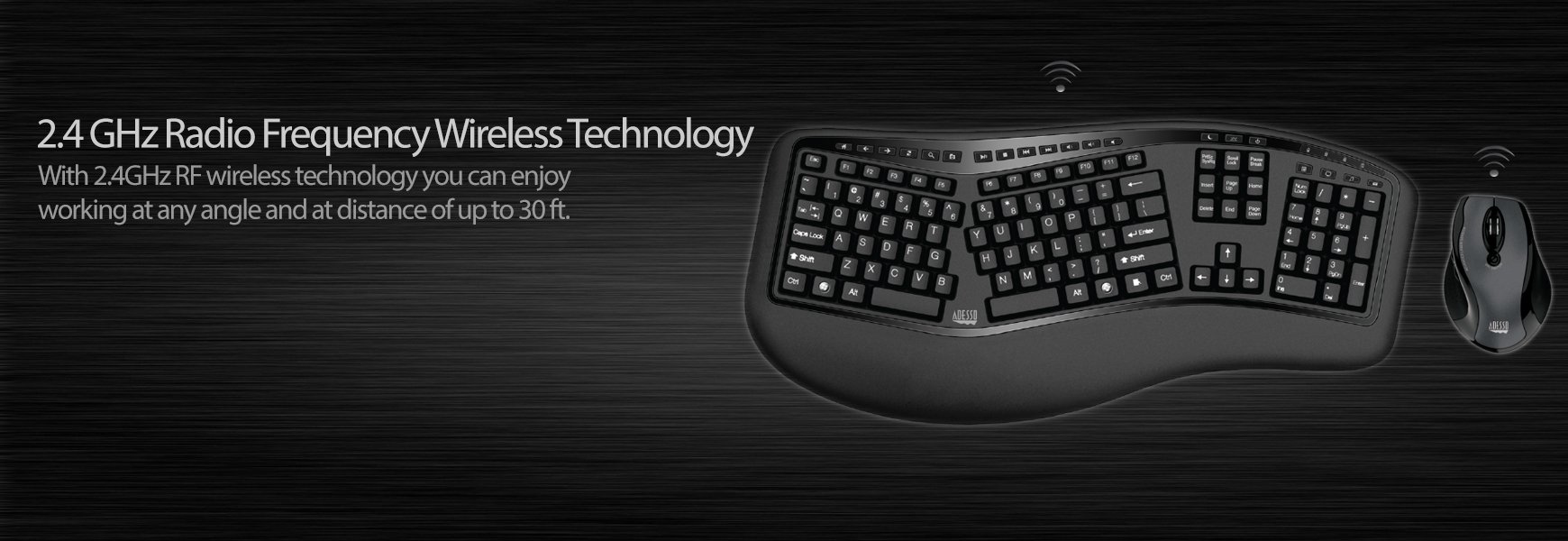 Adesso WKB-1500GB - Wireless Ergonomic Desktop Keyboard and Laser Mouse with Split Keys Design and Palm Rest for Comfort, Long Battery Life, Nano Receiver - Compatible for PC & Windows XP/7/8/10,Black