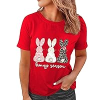 Happy Easter Shirts for Women Summer Crew Neck Cute Bunny Graphic Tee Easter T Shirt Leopard Print Blouse Tops