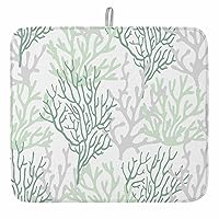 Sage Green Coral Dish Drying Mat for Kitchen Counter, Summer Beach Coastal Ocean Life Ombre Dish Mat Drying Kitchen Mat for Sink Fridge Drawer Absorbent Dishes Drainer Rack Mats 18