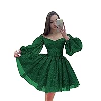 XYAYE Sparkly Tulle Homecoming Dresses Off Shoulder Short Prom Dresses for Teens Puffy Long Sleeve A Line Cocktail Dresses