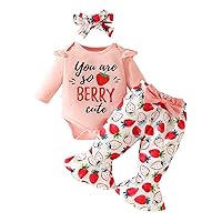 Kuriozud 3Pcs Baby Girl Fall Outfits Long Sleeve Romper + Strawberry Pants + Headband Set Infant Outfit