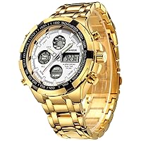 Golden Hour Luxury Stainless Steel Analogue Digital Watches for Men, Outdoor Sports, Waterproof, Large, Heavy Wrist Watch