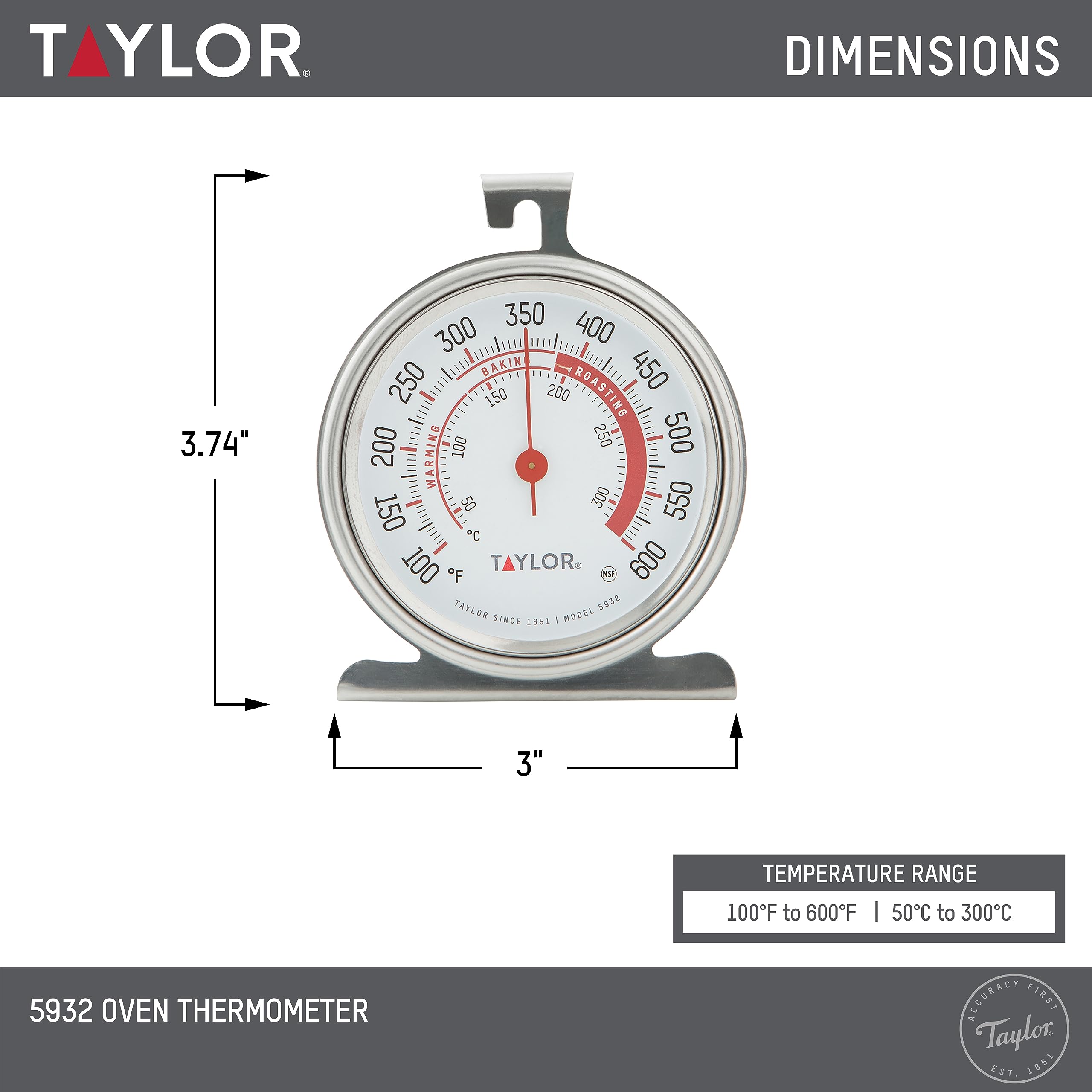Taylor 5932 Large Dial Kitchen Cooking Oven Thermometer, 3.25 Inch Dial, Stainless Steel