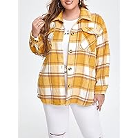 OVEXA Women's Large Size Fashion Casual Winte Plus Plaid Print Flap Pocket Drop Shoulder Overcoat Leisure Comfortable Fashion Special Novelty (Color : Yellow, Size : 4X-Large)