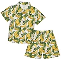 visesunny Toddler Boys 2 Piece Outfit Button Down Shirt and Short Sets Tropical Banana and Leaf Boy Summer Outfits