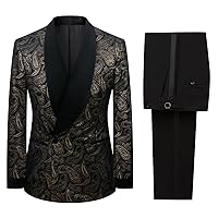 Mens Formal Suit Paisley Tuxedo 2 Pieces Velvet Shawl Lapel Blazer Jacket Pants Set for Dinner, Prom, Wedding