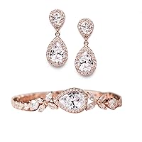 SWEETV Rose Gold Teardrop Wedding Bridal Earrings and Bracelets for Brides, Bridal Wedding Jewelry Set for Women