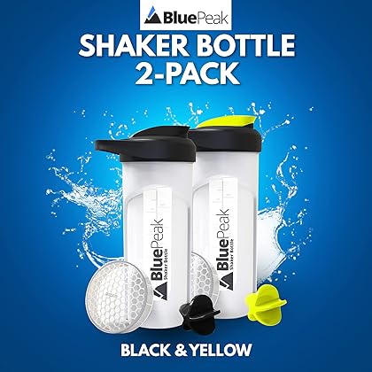 BluePeak Protein Shaker Bottle 28 oz with Dual Mixing Technology, Strong Loop Top, BPA Free, Shaker Balls & Mixing Grids Included - On-The-Go Large Protein Shakers (2 Pack - Yellow & Black)