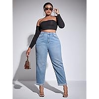 Women's Plus Size Denim Pants Plus Raw Cut Roll Hem Straight Leg Jeans Fashion Beauty Lovely Unique (Color : Light Wash, Size : X-Large)