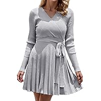 Floral Mini Dress for Women Sleeves,Women Casual Long Knit Adjustable Belted Pleated V Neck A Line Dress Womens