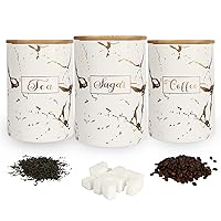 White Kitchen Ceramic Canister Sets - Airtight Set of 3 Coffee Sugar Tea Storage Containers Pots Jars with Bamboo Lid for Farmhouse Kitchen Counter,1178ML(39.83OZ)
