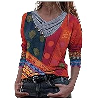 ZEFOTIM Henley Shirts for Women,Fashion Tie-dye Print Baggy Tunic Shirts Casual Long Sleeve Embroidery Collar Blouse Tees