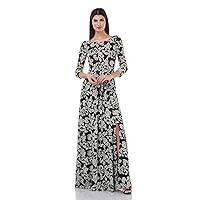 Embroidered 3/4 Sleeve Gown Silver Black / 10