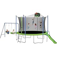 14FT Outdoor Trampoline with Swing, Slide, Basketball Hoop, Safety Enclosure and Ladder, ASTM Approval Outdoor Recreational Trampoline for Kids and Adults