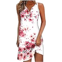 Floral Print Sleeveless Henley Shirt Dresses Womens Button V Neck Mini Dress Summer Fashion Casual Beach Sundress