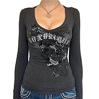 Women Y2k Fairy Grunge Graphic Tees Vintage Long Sleeve T Shirts Aesthetic Blouses Teen Girls Slim Fit Fall Tops (Vintage-Gray Black 01, M)