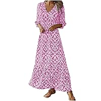 Womens 3/4 Sleeve Casual Boho A-Line Dress Frill Trim V Neck Maxi Dress Plus Size Fashion High Waist Beach Dresses