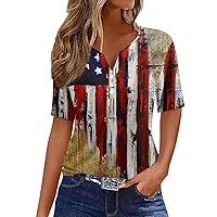 Oversized Pretty Short Sleeve Tee Womens Party Independence Day Flag T-Shirt Fit Soft V Neck Tshirt
