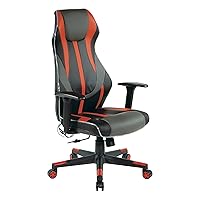 OSP Home Furnishings Gigabyte High-Back LED Lit Gaming Chair, Black Faux Leather with Red Trim and Accents