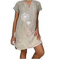 Women's Print Flowy Dress Swing Short Sleeve Knee Length Beach V-Neck Trendy Glamorous Casual Loose-Fitting Summer Gray
