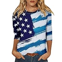 Women Fourth of July Shirt 3/4 Sleeve Tops American Flag Blouses Summer Casual Shirts Crew Neck Striped Graphic Tee