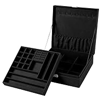 Two-Layer Lint Jewelry Box Organizer Display Storage Case with Lock, Black