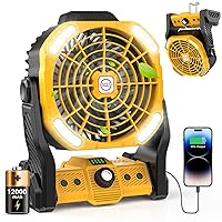 Battery Operated Portable Fan, Rechargeable Outdoor Camping Fan with LED Lantern, Personal Cooling Fan for Bedroom with Cold Air, Table Fan for Travel, Hiking, Fishing, Picnic (Yellow)