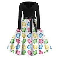 NBXNZWF Women's Easter Dresses 2024 Fashion Casual V-Neck Casual Slim Cute Egg Bunny Print Long Sleeve Midi Dresses