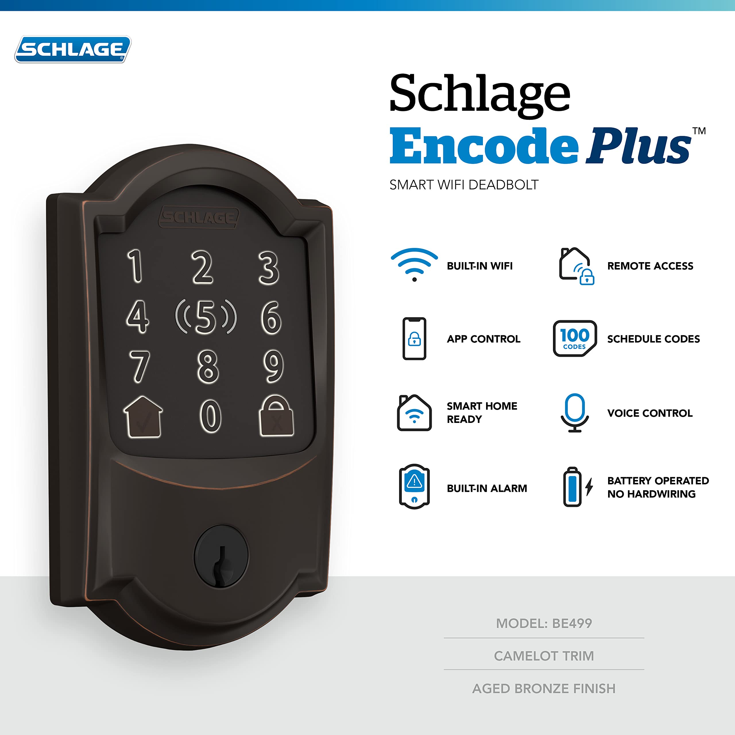 Schlage BE499WB CAM 716 Encode Plus WiFi Deadbolt Smart Lock with Apple Home Key, Keyless Entry Door Lock with Camelot Trim, Aged Bronze