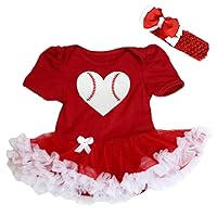 Petitebella Baseball Heart Red Bodysuit Red White Tutu Baby Dress Nb-18m