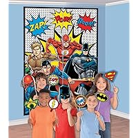 Justice League Heroes Unite Scene Setter & Photo Props Set (16 Pcs.) - Multicolor Plastic and Cardboard Decors - Ideal for Themed Birthday Parties & Events