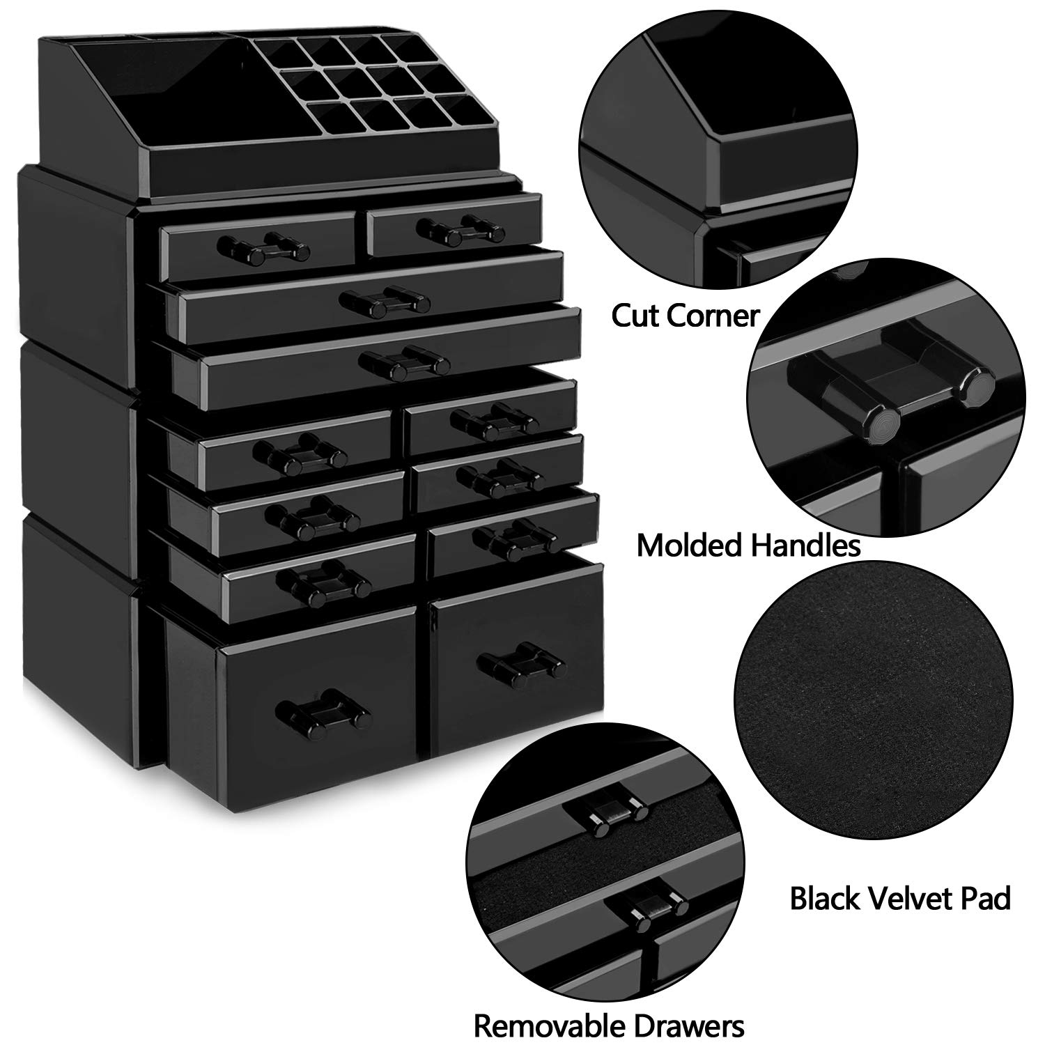 HBlife Makeup Organizer Acrylic Cosmetic Storage Drawers and Jewelry Display Box with 12 Drawers, 9.5 x 5.4 x15.8 Inches, Black