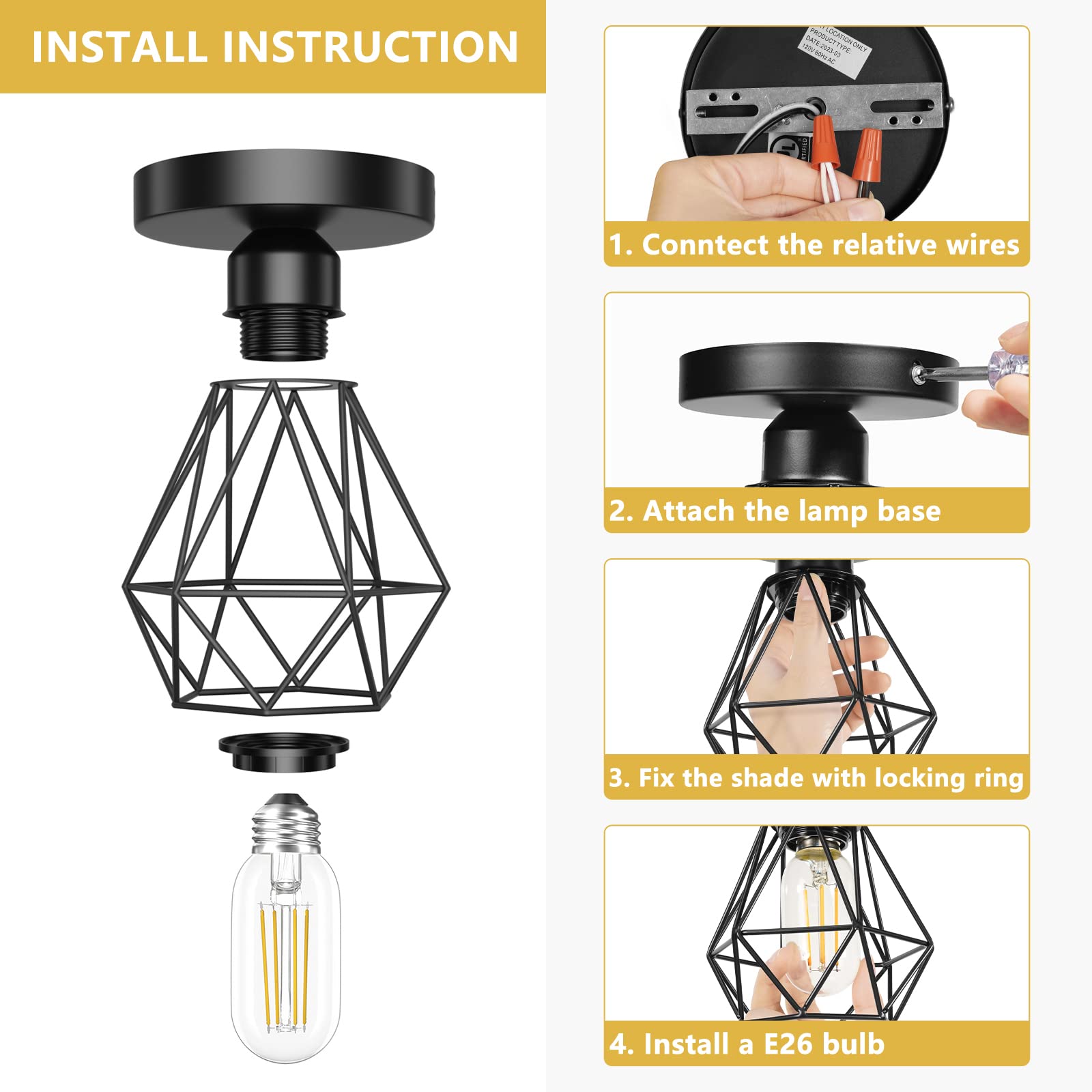 FadimiKoo 2-Pack Semi Flush Mount Ceiling Light, Black Hallway Light Fixtures Ceiling Mount, Farmhouse Metal Cage Pendant Indoor Modern Ceiling Lamp for Kitchen Porch Bedroom (LED Bulbs Included)