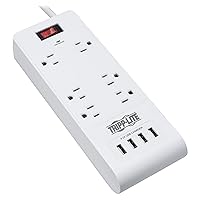 Tripp Lite 6 Outlet Surge Protector Power Strip 4 USB Ports 4.2A Fast Charge, 15 ft. Cord 900 Joules, White, (TLP64USBRA15)