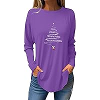 Christmas Solid Shirts For Women Trendy Xmas Tree Sweatshirts Round Neck Long Sleeve Tops Festival Casual Clothes