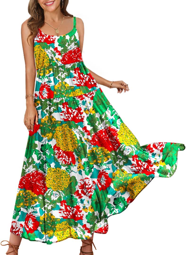 YESNO Summer Dresses for Women Casual Loose Bohemian Floral Dress with Pockets Spaghetti Strap Maxi Dress E75